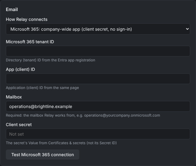 Relay's email settings for Microsoft 365.