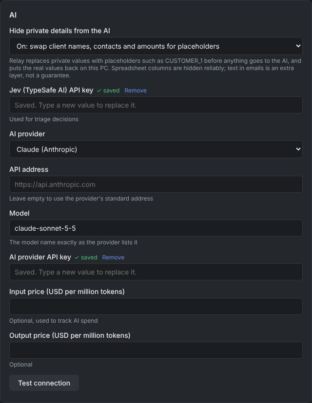 Relay's AI settings with a provider list and Test connection button.