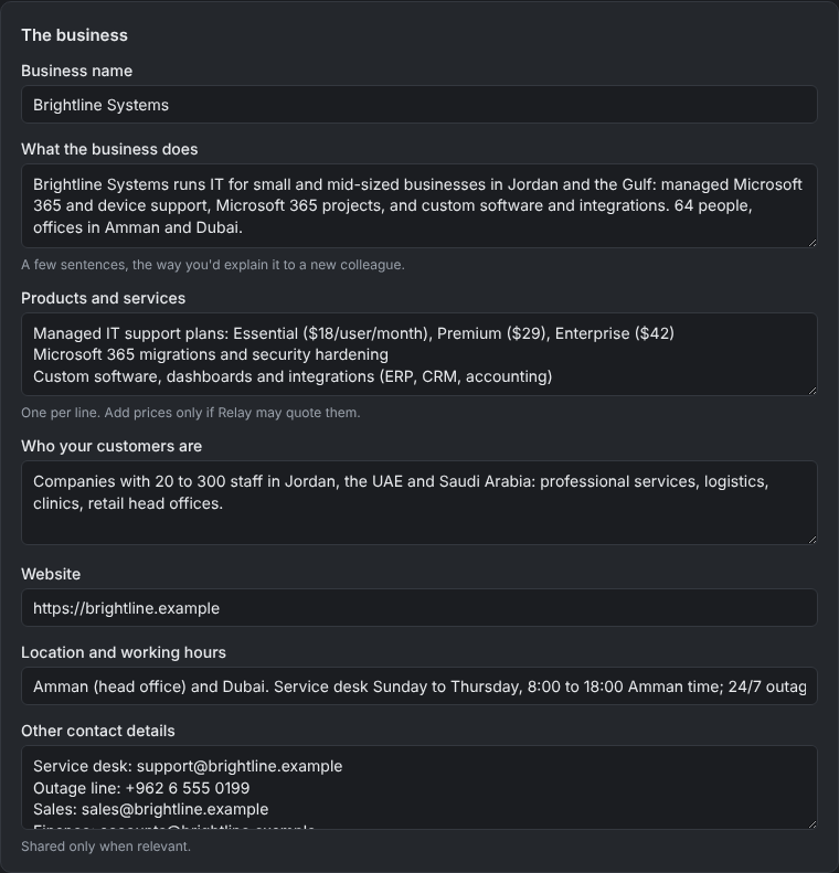 Relay's Identity screen with the business profile.
