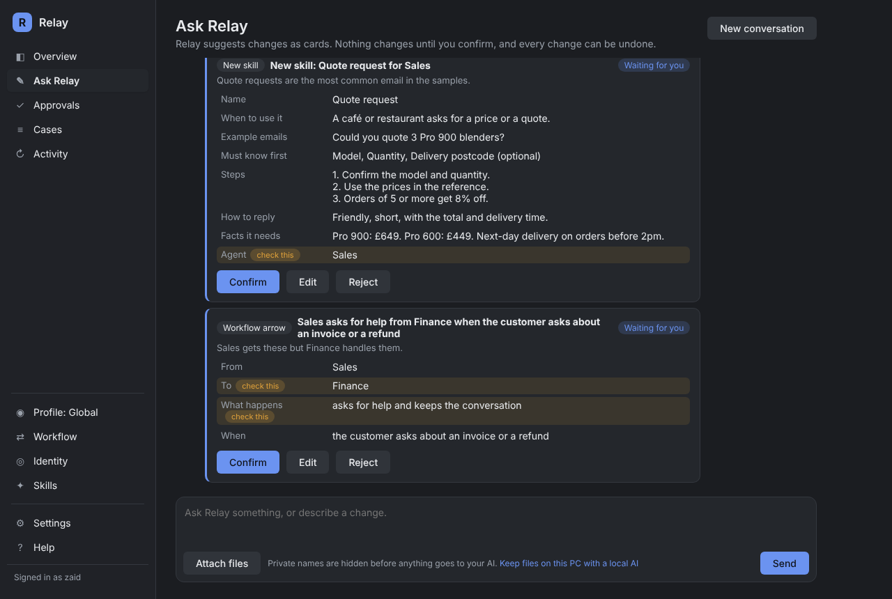 Ask Relay proposing a skill and a workflow arrow