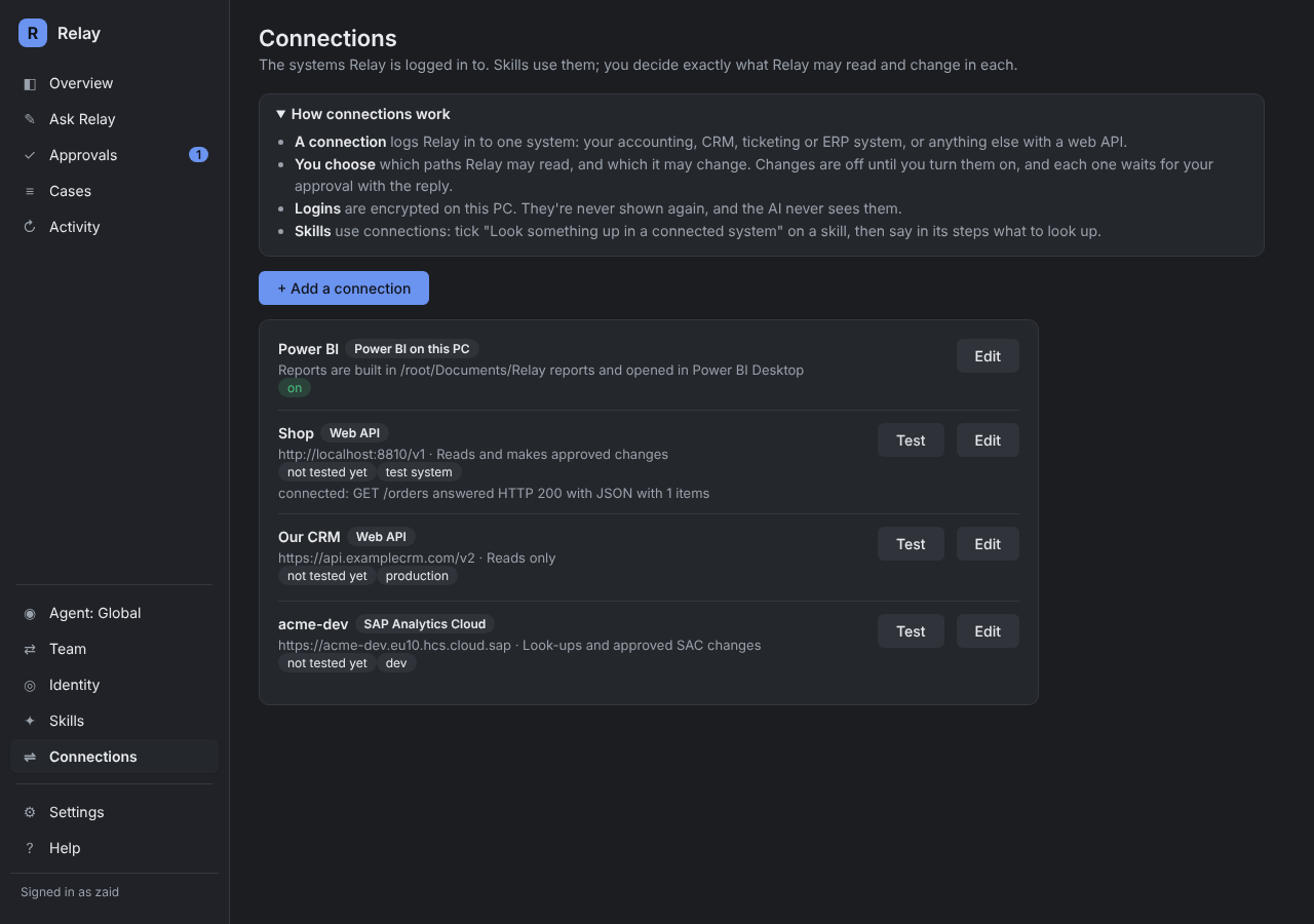 Relay's Connections screen with Power BI, a shop system, a CRM and an SAP Analytics Cloud tenant.