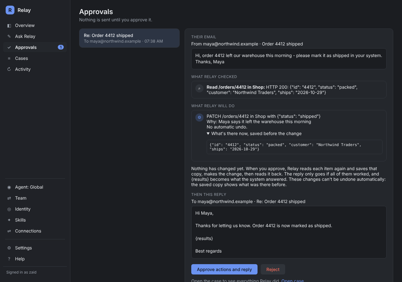 An approval with a look-up, the proposed change and the reply