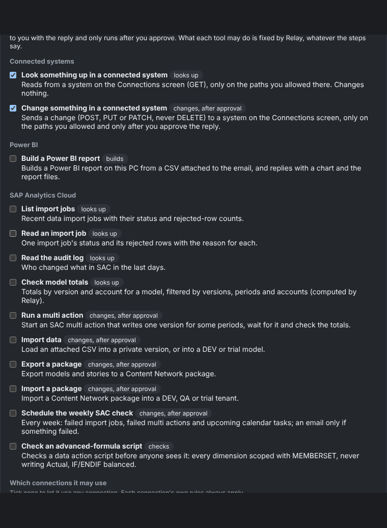 A skill's tools and the connections it may use